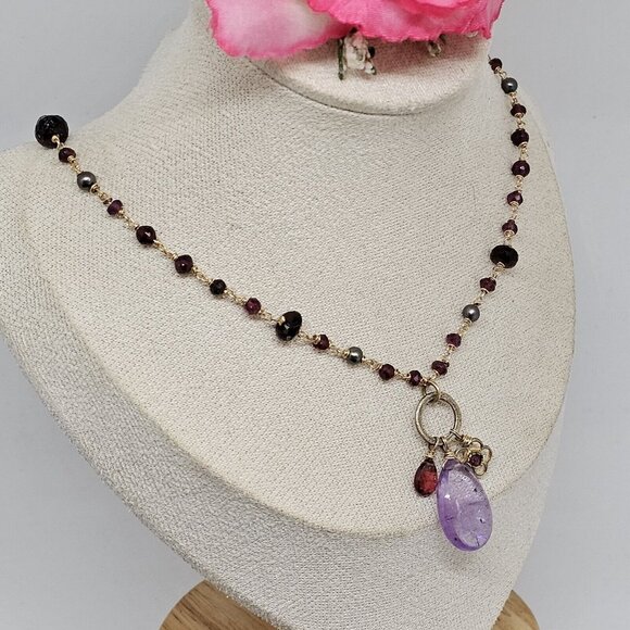 Alexis Bittar 925 Silver Vermeil Amethyst Garnet & Gray Pearl Stones Necklace - Picture 4 of 12